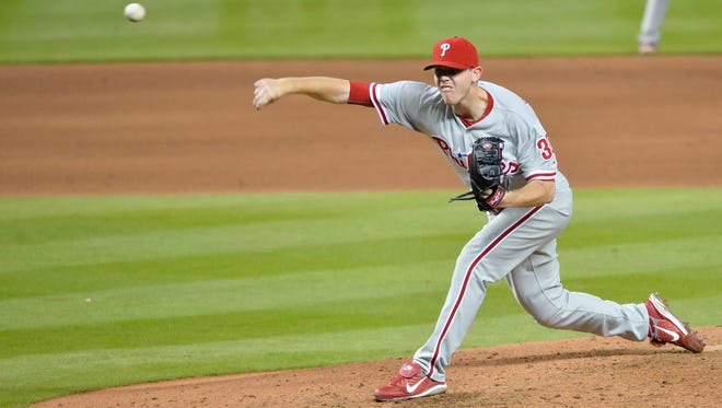 May 3, 2015; Miami, FL, USA; Philadelphia Phillies relief pitcher Justin De Fratus (30) throws the ball against the Miami Marlins during the sixth inning at Marlins Park. Mandatory Credit: Steve Mitchell-USA TODAY Sports