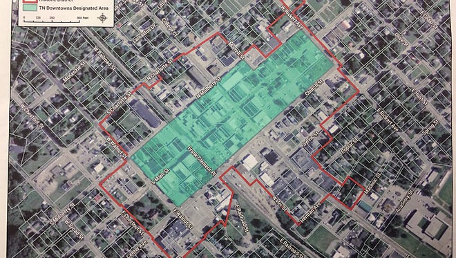 Map created by Greater Nashville Regional Council 
A map of the Downtown Historic Zoning District is outlined in red.