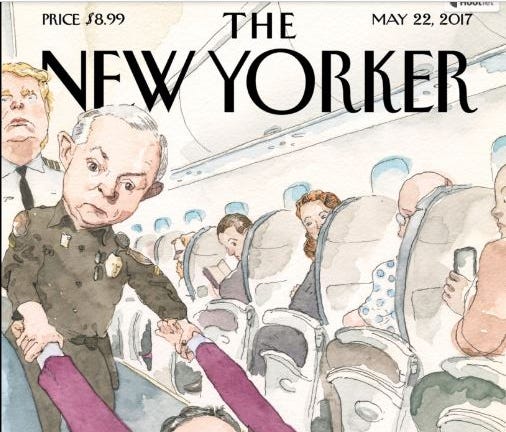 The cover for the May 22 edition of 'The New Yorker' depicts former FBI director James Comey being dragged off a flight by Attorney General Jeff Sessions.