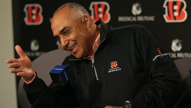 Cincinnati Bengals head coach Marvin Lewis, who was re-signed to a two-year deal through the 2019 season, answers questions from reporters, Wednesday, Jan. 3, 2018, at Paul Brown Stadium in Cincinnati. 