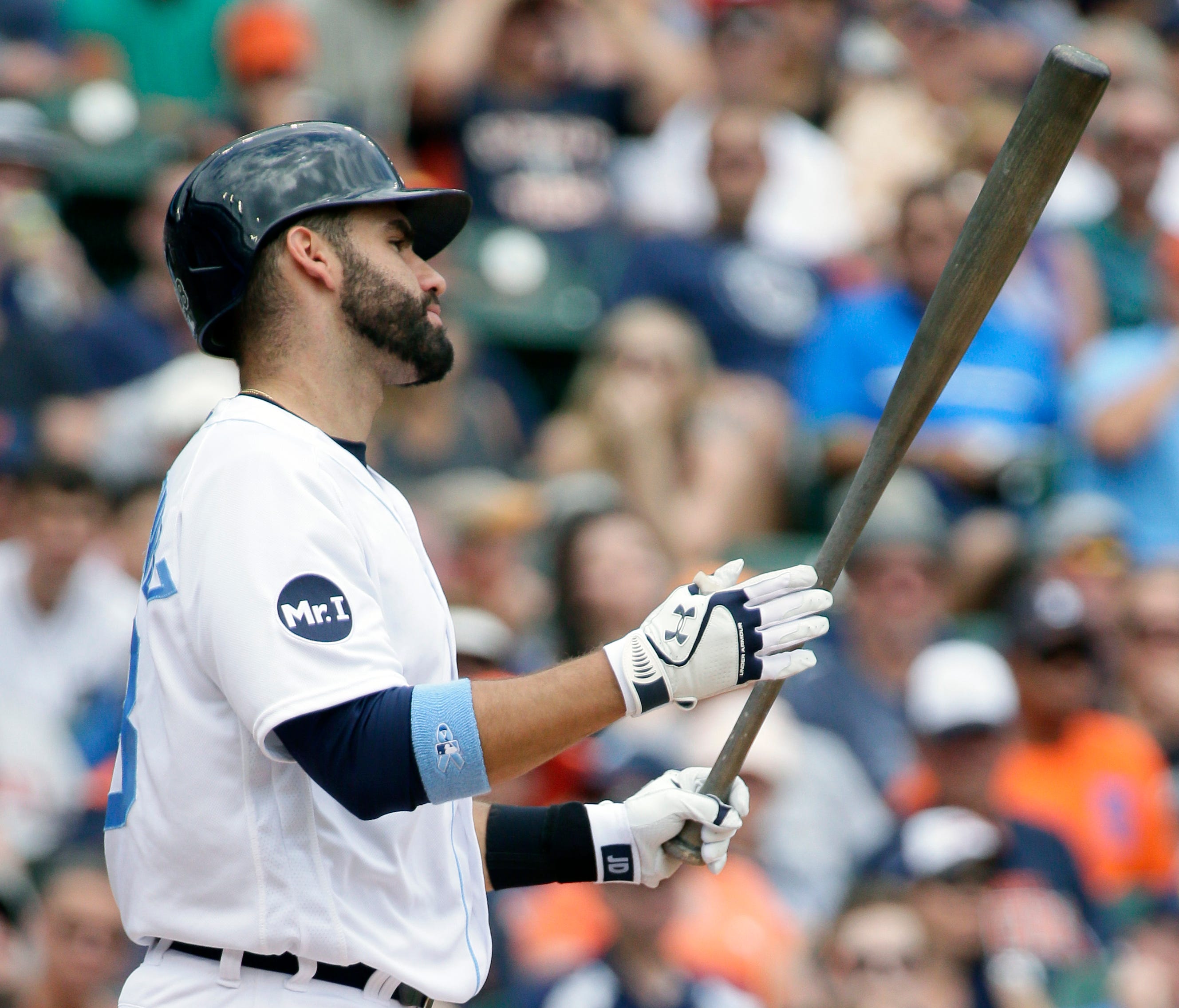 Tigers rightfielder J.D. Martinez reacts after striking out during the first inning of the Tigers' 9-1 loss to the Rays Sunday at Comerica Park.