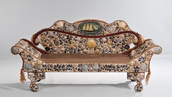 Not everyone would want this unique antique sofa from New Brunswick, Canada. It is a piece of unique and attractive folk art by a talented maker. It took time to collect and mount all the shells and a bidder paid almost twice the estimate to buy it for $4,613.
