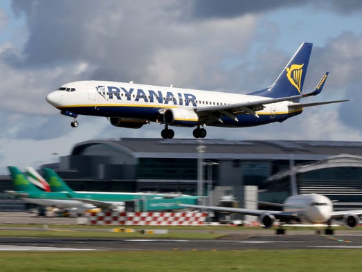 A Ryanair plane is at the Dublin Airport on Sept. 21,