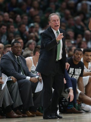 Michigan State coach Tom Izzo on the bench during the first half of MSU's 88-81 loss on Tuesday, Nov. 14, 2017, in Chicago.