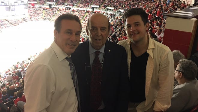 Jamie Daniels, right, made his last visit to Detroit at Thanksgiving in 2016. Picture left is Red Wings play-by-play announcer Ken Daniels and CBC broadcaster Bob Cole.