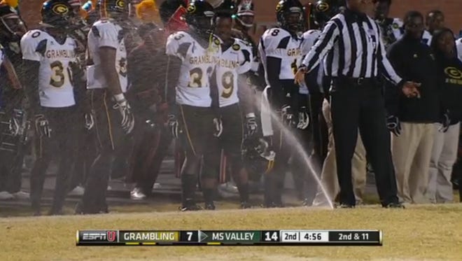 The sprinklers went off in the second quarter during MVSU's game against Grambling State