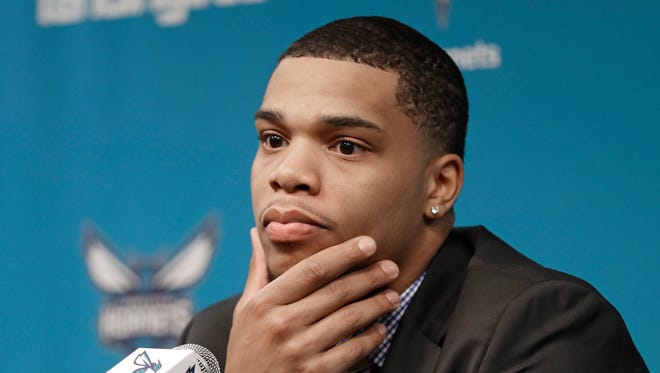 Charlotte Hornets draft pick Miles Bridges listens to a question during a news conference in Charlotte, June 22, 2018.