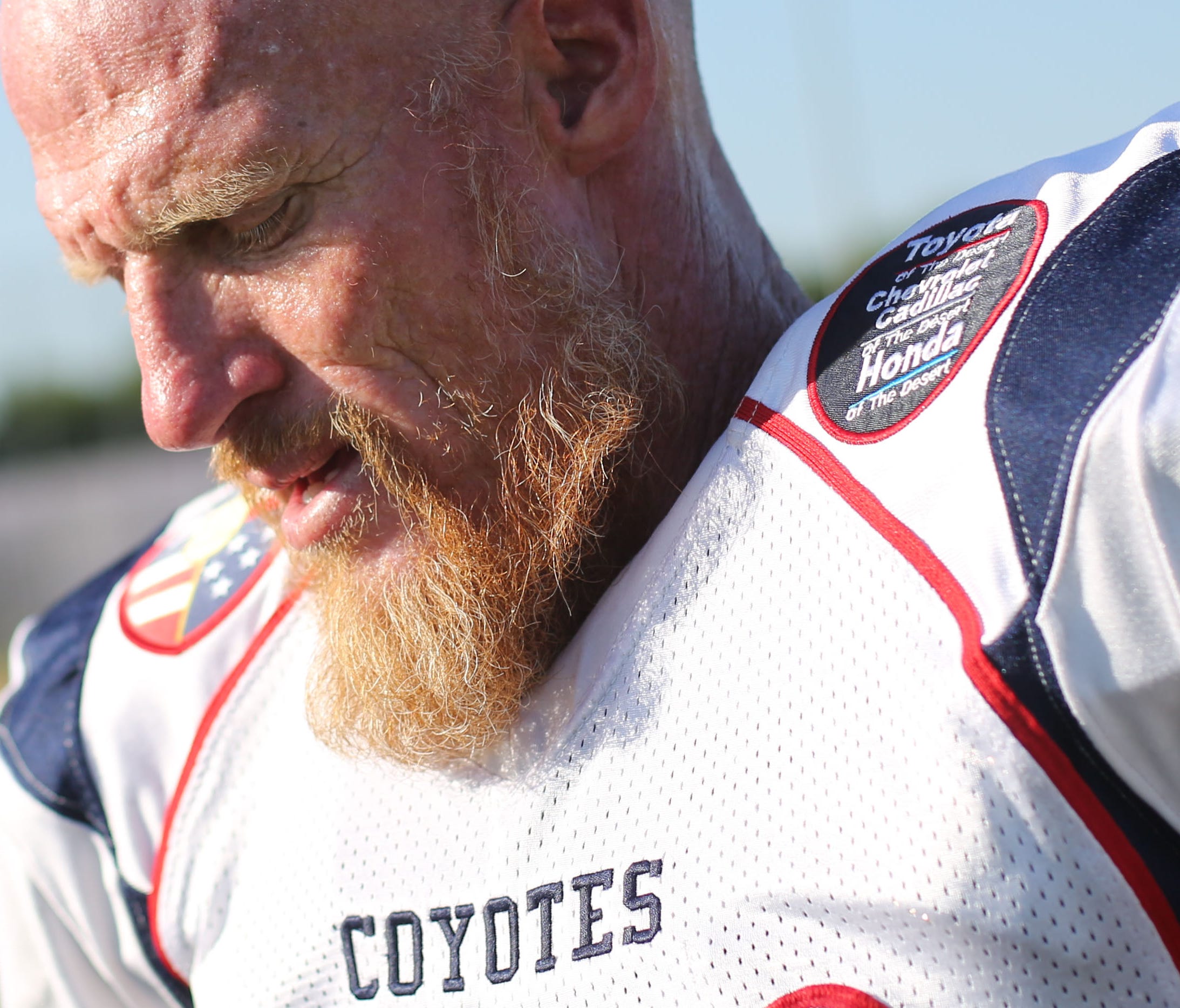 Former USC and Oakland Raiders quarterback Todd Marinovich, 48, at practice with his team the SoCal Coyotes on Saturday, August 12, 2017 in Indio.