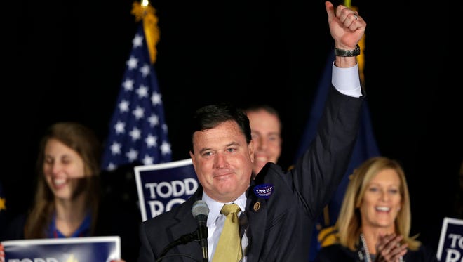 Republican Rep. Todd Rokita thanks supporters at an election-night rally after winning Indiana's 4th Congressional District in Indianapolis, Tuesday, Nov. 8, 2016.