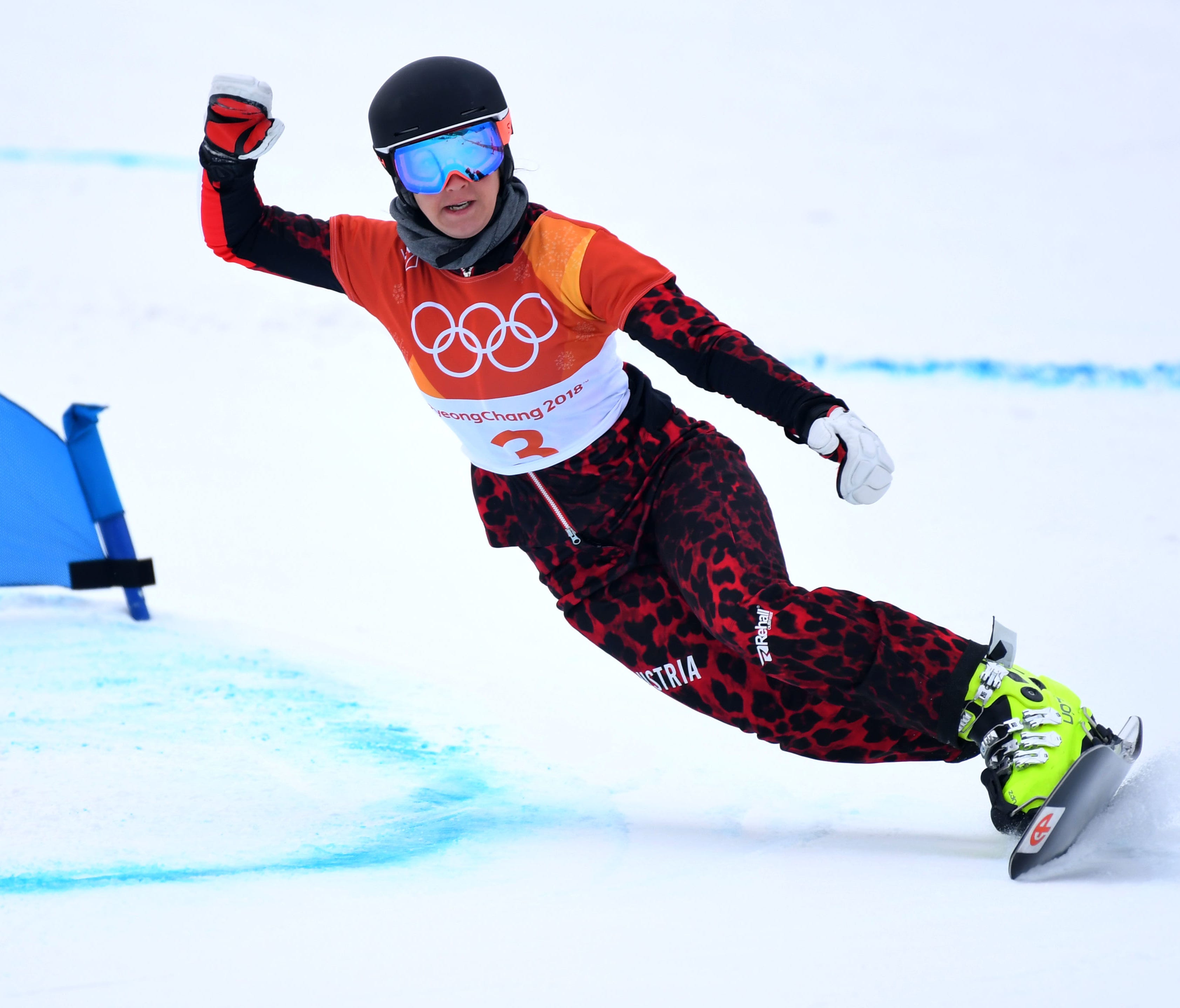 Feb 24, 2018; Pyeongchang, South Korea; Daniela Ulbing (AUT) competes in the ladies' snowboard parallel giant slalom event during the Pyeongchang 2018 Olympic Winter Games at Phoenix Snow Park. Mandatory Credit: Jack Gruber-USA TODAY Sports    