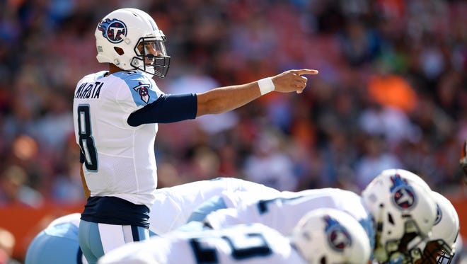 Titans quarterback Marcus Mariota (8) directs the team during the first half at FirstEnergy Stadium Sunday, Oct. 22, 2017 in Cleveland, Ohio.