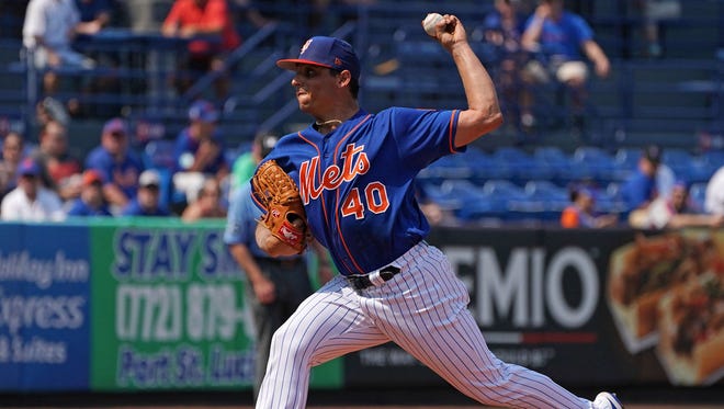 Mar 1, 2018; Port St. Lucie, FL, USA; New York Mets starting pitcher Jason Vargas (40) delivers a pitch in the first inning against the Miami Marlins during a spring training game at First Data Field.
