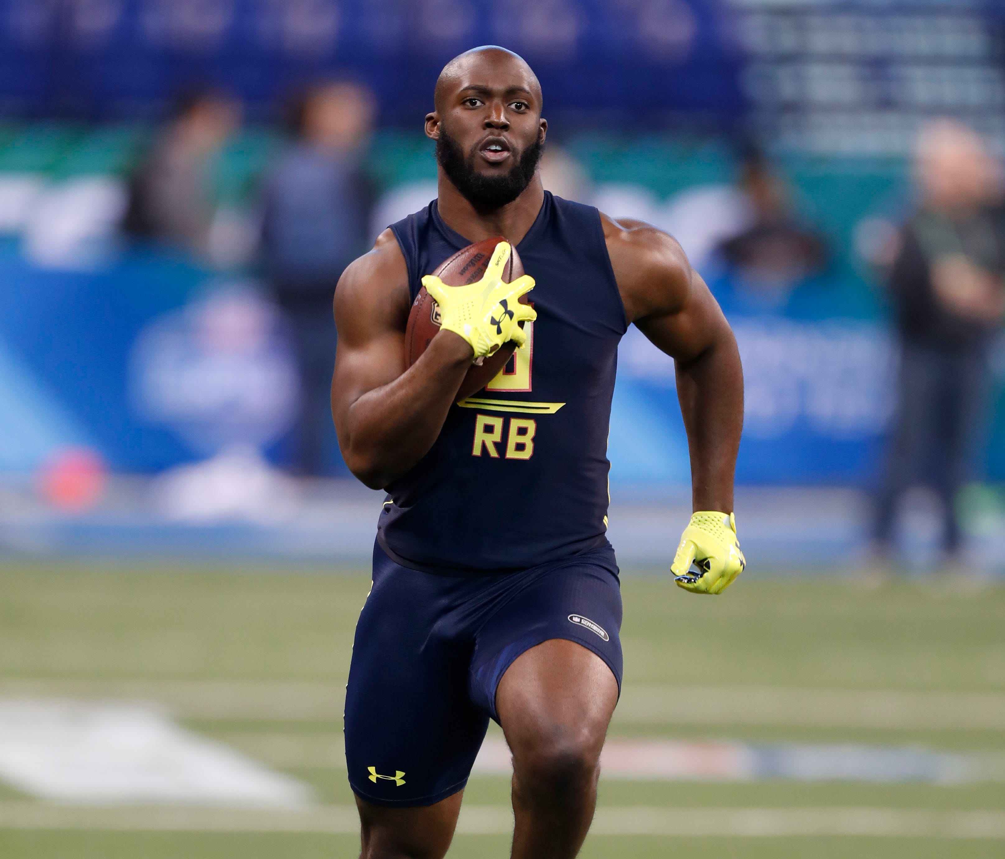 LSU Tigers running back Leonard Fournette goes through workout drills during the 2017 NFL Combine at Lucas Oil Stadium.