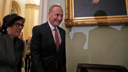Sen. Charles Schumer, D-N.Y., arrives for a Senate Democratic caucus organizing meeting to elect their leadership for the 115th Congress, Wednesday, Nov. 16, 2016, on Capitol Hill in Washington. Senate Democrats have elected Schumer to be their new minority leader when Congress convenes in January.