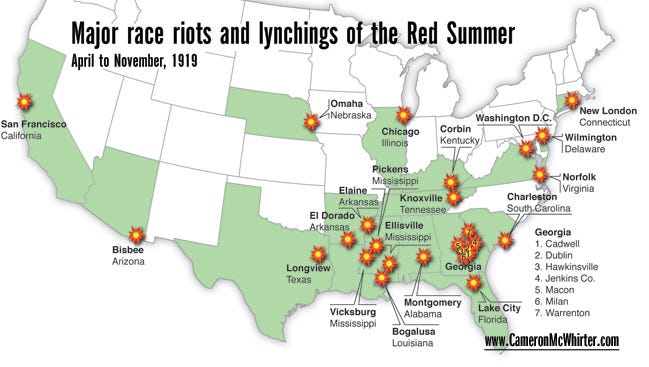 The major race riots and lynchings during Red Summer, 1919.