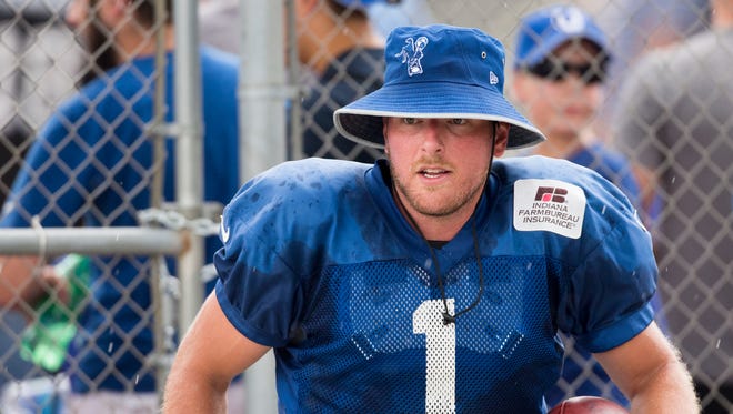 Pat McAfee, punter, at daily Colts training Camp, at Anderson University, Anderson, Friday, July 29, 2016. The day's practice was shortened by a storm that rolled through. 