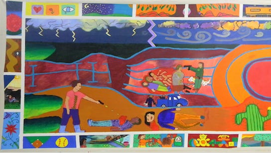 "Second Chances," the title (and theme) of the 2016 mural project for the MBU class Permeable Borders during May term, was chosen by 52 detained youth from Mexico, Central America and the United States who worked in collaboration with 22 Mary Baldwin University students. The mural is on exhibit at Grafton Library.