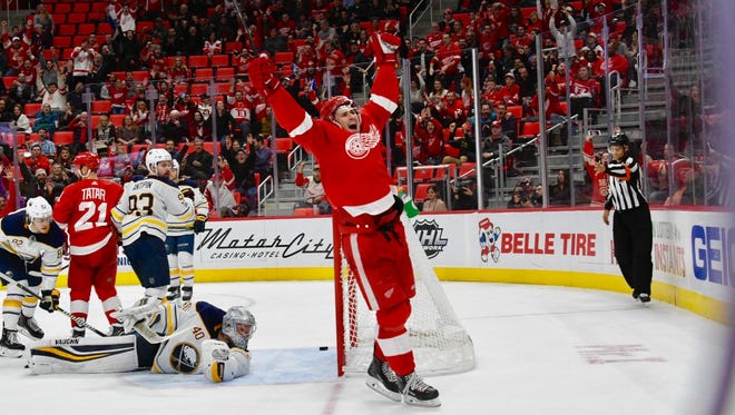 Red Wings' Dylan Larkin celebrates his goal in the third period.