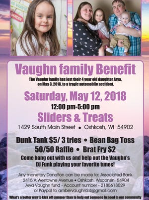 A poster by Park 'N Print Oshkosh advertises a Saturday benefit for the family of 4-year-old Arya, who was hit and killed Thursday while riding her bicycle.