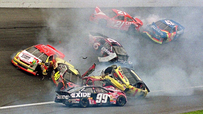 Jeff Burton, in the No. 99, was always well aware of how things can go wrong quickly at Daytona. This "Big One" came in the 1999 Daytona 500.