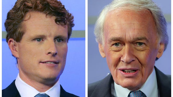 In this pair of June 1, 2020, file photos, Rep. Joe Kennedy III, left, and Sen. Edward Markey, D-Mass., right, wait for the start of a debate in Springfield, Mass. Kennedy is a candidate and Markey is the incumbent in the Sept. 1 Democratic primary election for Senate.