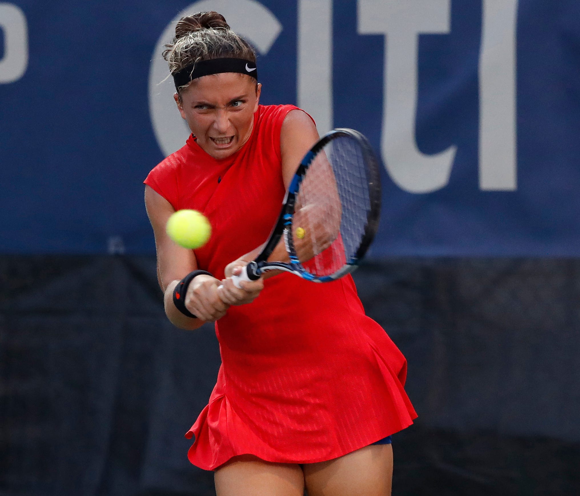 Sara Errani of Italy hits a backhand against Risa Ozaki of Japan (not pictured) on day one of the Citi Open at Fitzgerald Tennis Center. Errani won 7-6(0), 6-2 on July 31.