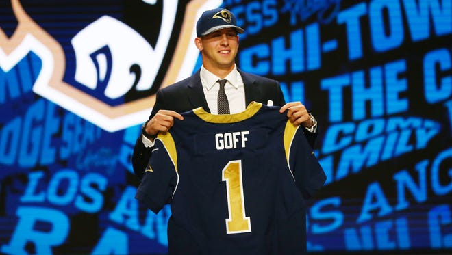 Jared Goff (California) is selected by the Los Angeles Rams as the number one overall pick in the first round of the 2016 NFL Draft at Auditorium Theatre.