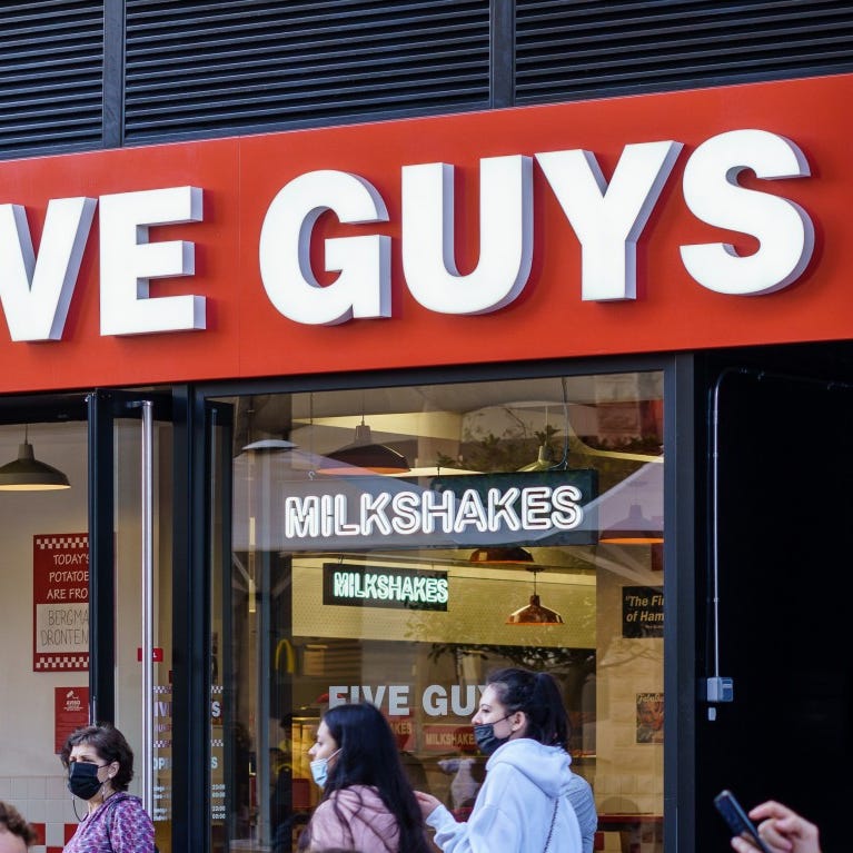 42. Five Guys Burgers and Fries     • Menu category:  Burgers     • Total U.S. sales (2021):  $1.5 billion     • Change over total U.S. sales (2020):  -4.00%