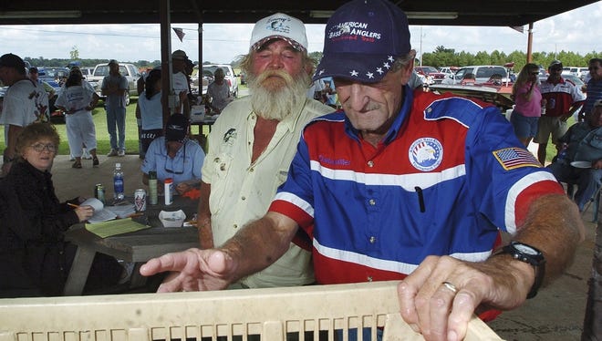 The late David Parker looks on as Dallas Miller weighs fish at a previous local fishing event. Miller is one of the registrants for The Times All-City Tournament. 

-David Parker (left), look as his fish are weighed by Dallas Miller Sunday during the finals of the American Bass Angler's event at Clark's Marina in Bossier Parish. Parker had the big bass of the day and finished 6th in the event. (Jim Hudelson/The Times 08.29.04)