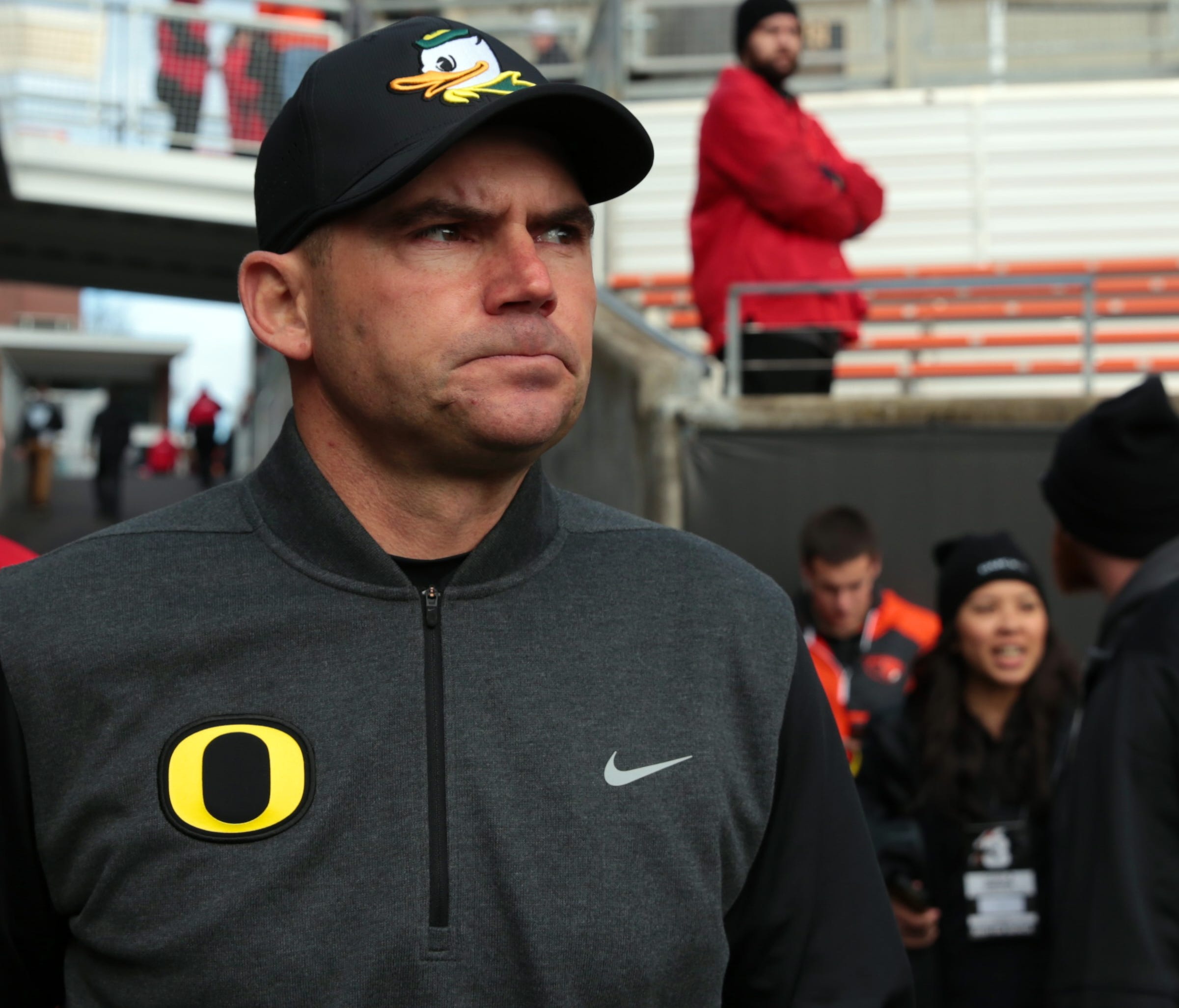 Nov 26, 2016; Corvallis, OR, USA; Oregon Ducks head coach Mark Helfrich walks onto the field before the game against the Oregon State Beavers at Reser Stadium. Mandatory Credit: Scott Olmos-USA TODAY Sports