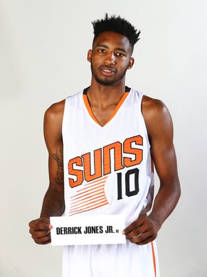 Sep 26, 2016; Phoenix, AZ, USA; Phoenix Suns forward Derrick Jones Jr. poses for a portrait during media day at Talking Stick Resort Arena.