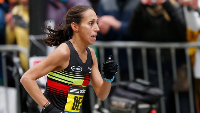 Desiree Davila Linden nears the finish line during the 2015 Boston Marathon on Monday, April 20.
