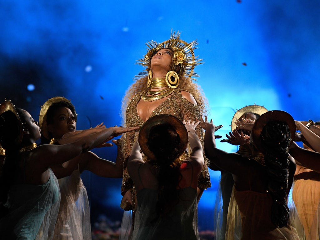 Beyonce performs during the 59th Annual Grammy Awards at Staples Center in Los Angeles.