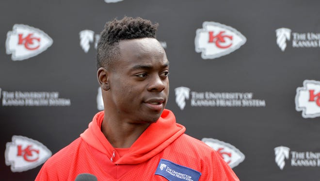 May 23, 2017; Kansas City, MO, USA; Kansas City Chiefs wide receiver Jeremy Maclin (19) speaks to the media after the organized team activities at the University of Kansas Hospital Training Complex.