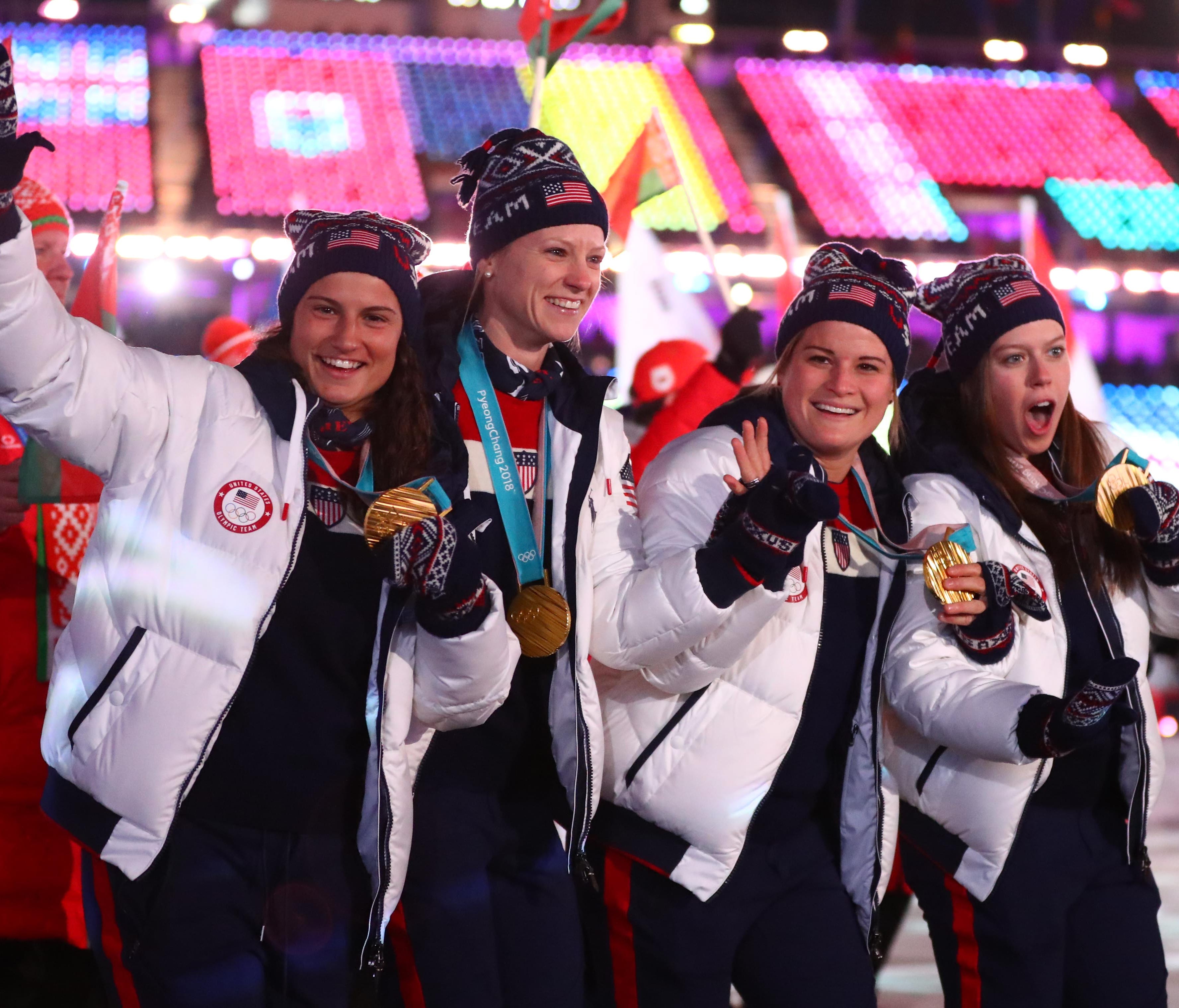 Feb 25, 2018; PyeongChang, South Korea; United States athletes with their medals during the closing ceremony for the Pyeongchang 2018 Olympic Winter Games at Pyeongchang Olympic Stadium. Mandatory Credit: Rob Schumacher-USA TODAY Sports