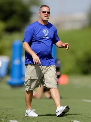 St. Louis Rams offensive coordinator Frank Cignetti roams the field during training camp Saturday, Aug. 1, 2015, in St. Louis.