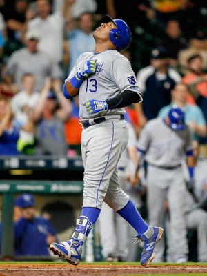 Kansas City Royals cather Salvador Perez crosses home plate after hitting a two-run home run in the eighth inning against the Houston Astros at Minute Maid Park on Wednesday.