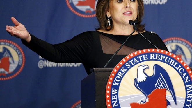 In this April 14, 2016, photo, New Mexico Gov. Susana Martinez speaks during the New York Republican State Committee Annual Gala in New York. Martinez, the nation's only Latina governor, said Saturday, Oct. 8, she will not support Donald Trump for president, adding to a growing list of Republicans who are denouncing or distancing themselves for the GOP presidential nominee after an unearthed 2005 video had him making lewd comments about women.