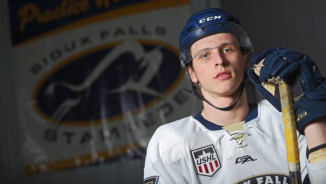 The Sioux Falls Stampede's Jaxon Nelson, 17, of Magnolia, Minn., poses for a portrait Wednesday, April 5, 2017, at the Scheels IcePlex in Sioux Falls. 