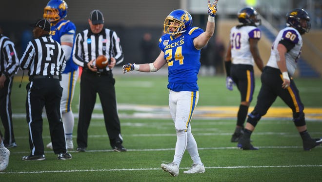 SDSU's Nick Farina motions first down during the game against University of Northern Iowa Saturday, Dec. 2, at Dana Dykhouse Stadium in Brookings.