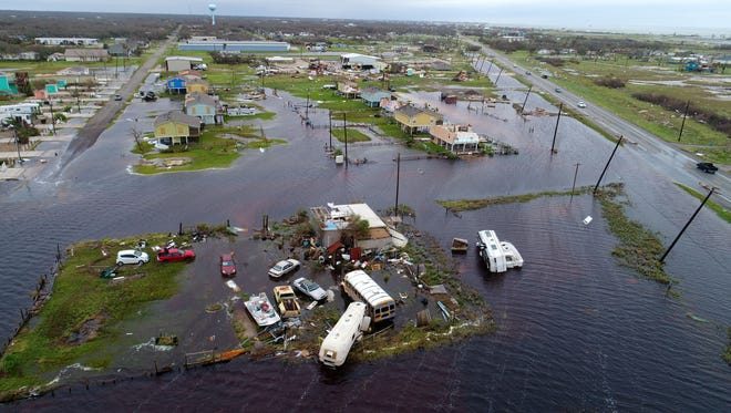 Aerial footage from Rockport, Texas, after Hurricane Harvey on Aug 27, 2017.