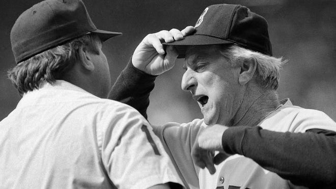 Former Red Sox manager John McNamara argues his point in this 1985 game. He died earlier this week at his Nashville home. McNamara was 88.