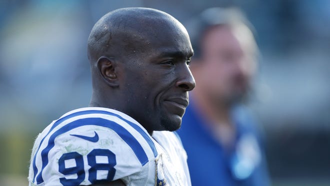 Robert Mathis, of the Colts, stands on the sidelines during his team's second straight blowout win, Colts at Jacksonville, EverBank Field, Jacksonville, Fla., Sunday, Dec. 13, 2015. Indianapolis lost 16-51.
