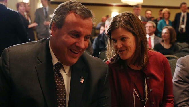 New Jersey Gov. Chris Christie talks with people in the crowd before giving remarks during the Dallas County GOP Spring Speaker Series on Monday, Feb. 9, 2015 in West Des Moines, Iowa.