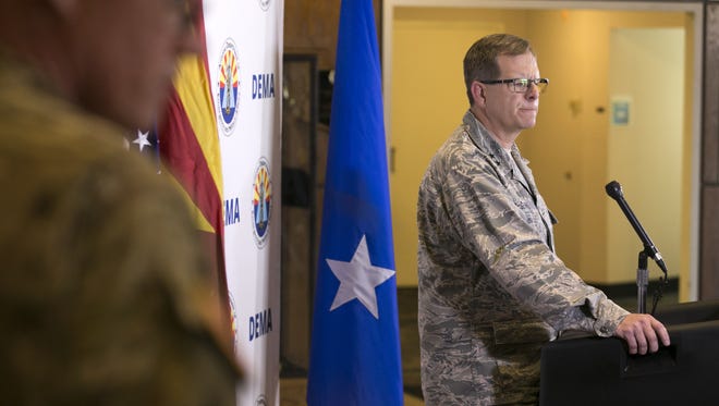 Maj. Gen. Michael McGuire of the Arizona National Guard gives a media briefing update the status on Operation Guardian Shield at the Arizona National Guard base at the Papago Park Military Reservation in Phoenix on April 11, 2018.