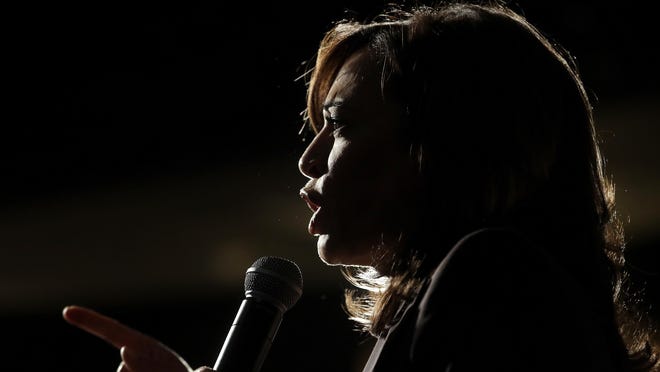 FILE - In this Saturday, June 1, 2019 file photo, Democratic presidential candidate Sen. Kamala Harris, D-Calif., speaks at an SEIU event before the 2019 California Democratic Party State Organizing Convention in San Francisco. Harris is only the second Black woman to serve in the Senate, and in 2020, a prominent contender for the vice-presidential ticket.