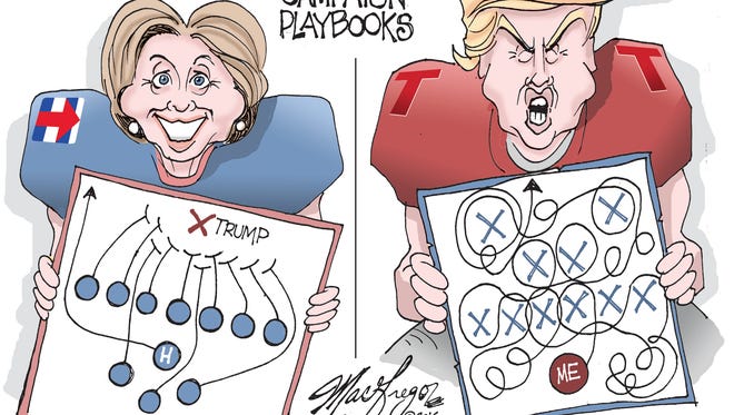 Doug MacGregor cartoon, Clinton-Trump playbooks