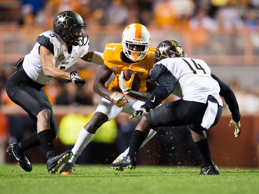 Vanderbilt safety LaDarius Wiley (5) and Vanderbilt