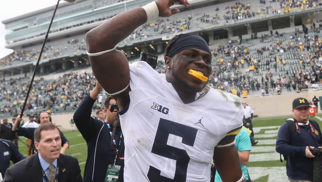 Michigan linebacker Jabrill Peppers celebrates the 32-23 win over Michigan State on Oct. 29, 2016 at Spartan Stadium in East Lansing.