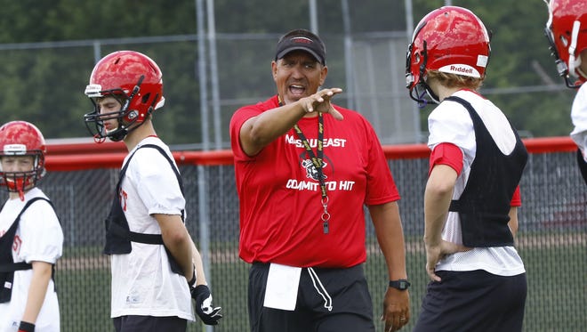 Wausau East football coach Tom Tourtillott, middle, leads the Lumberjacks into their first season as an independent program this fall.  .